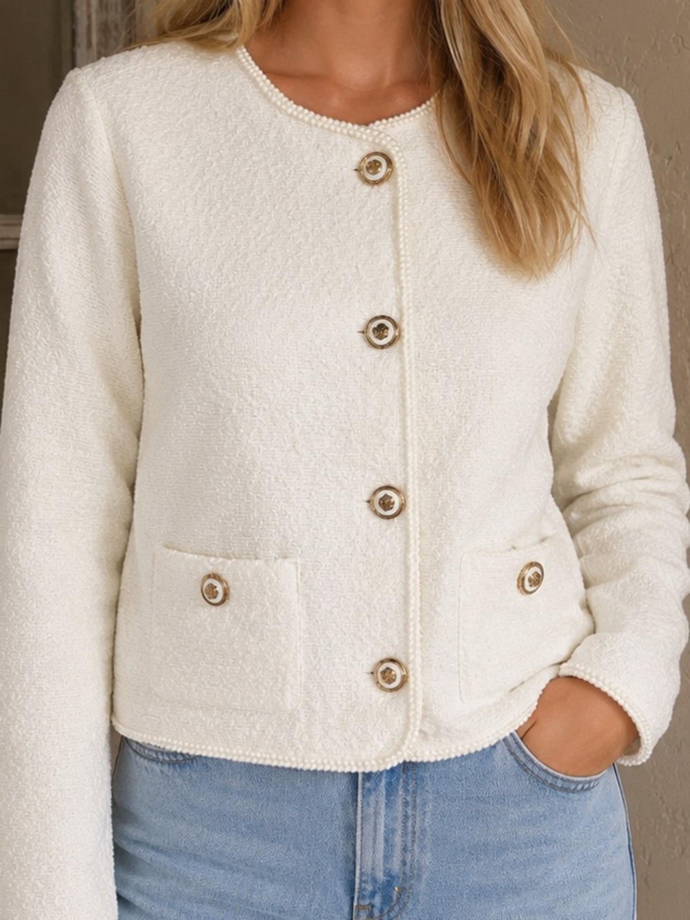 Cream Textured Tweed Round-Neck Jacket